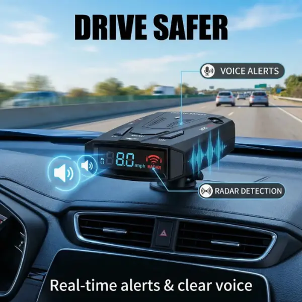 Road Safety Radar Detector 16 Band V7, 360° Omni Laser Detection with Real-Time Voice Prompt, Matte Black Streamlined Design, Adjustable Display Brightness, Full Installation Parts, Widely Compatible with Various Automotive Vehicles