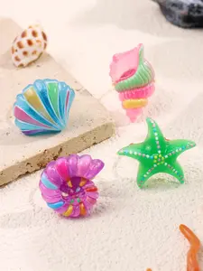 Dopamine-Inspired Resin Rings Set of 4 with Seashell Clam Shell & Starfish Motifs for Women Girls Everyday Wear Holidays Parties Beach Vacations Colorful Resin Material