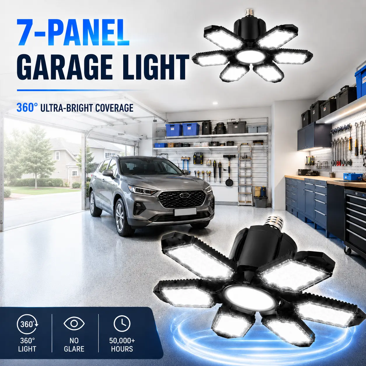 Foldable Garage Light – Deformable 6+1 Panel Ultra-Bright Ceiling Work Light with Easy Installation for Garage, Barn, Warehouse & Shop