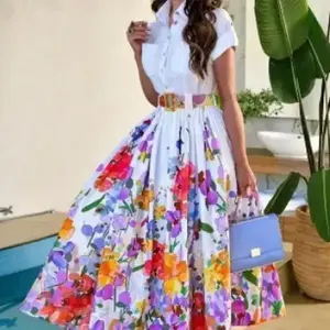 2025 Shirt collar large swing positioning floral printed short-sleeved button-up dress with belt
