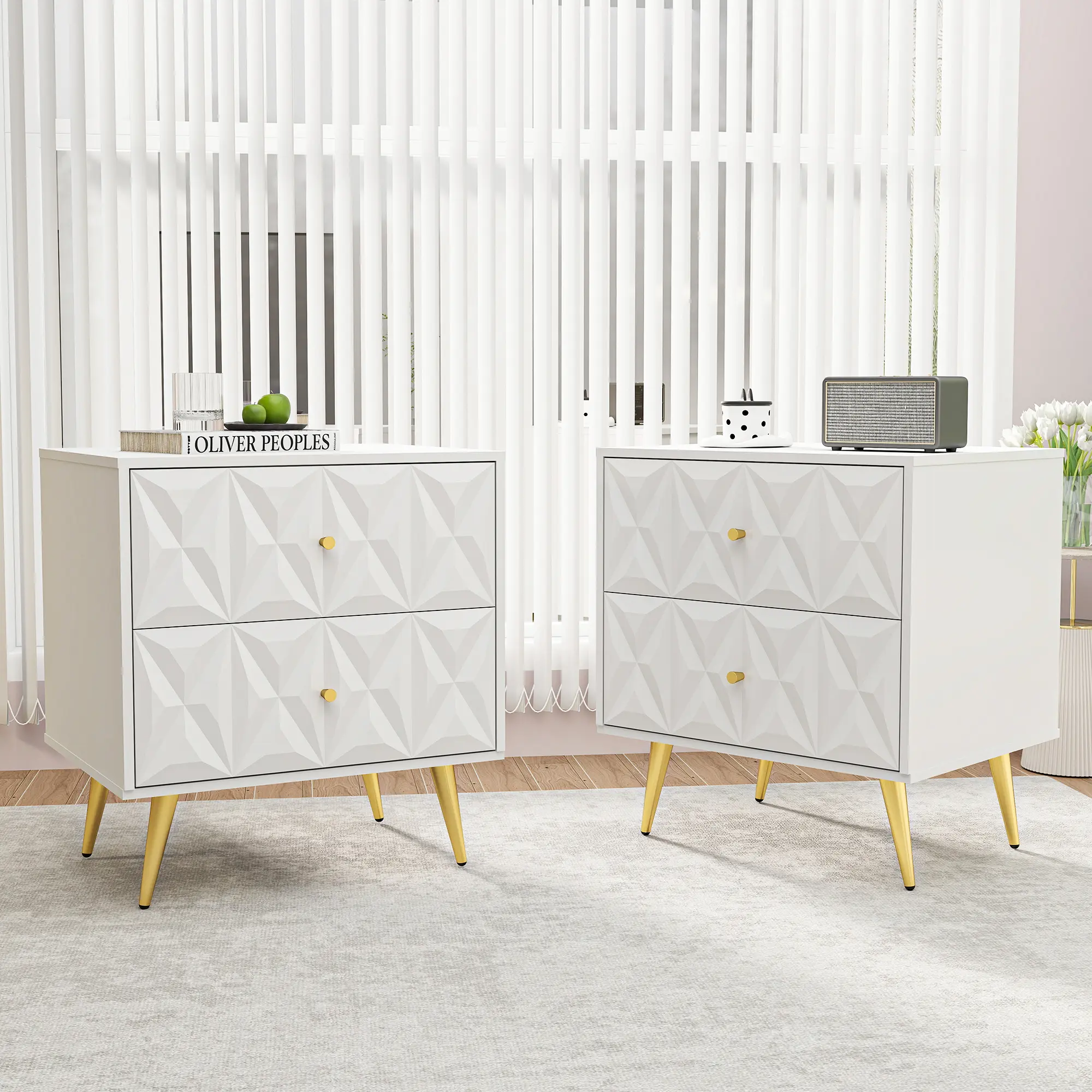 Topwin 2-Piece Modern White Nightstands with Gold Metal Legs - Carved 2-Drawer Dual Storage Cabinets, Apartment Bedroom Living Room Furniture, Drawers/Cabinet Living Room Furniture, Multi-Drawer System Living Room Furniture, Drawers Living Room Furniture