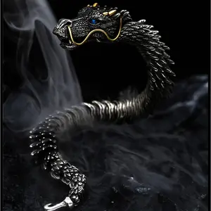 Dominating dragon head bracelet for men, handcrafted with an antique finish and three-dimensional carving, made of white copper alloy, a vintage and powerful totem-inspired trendy accessory.