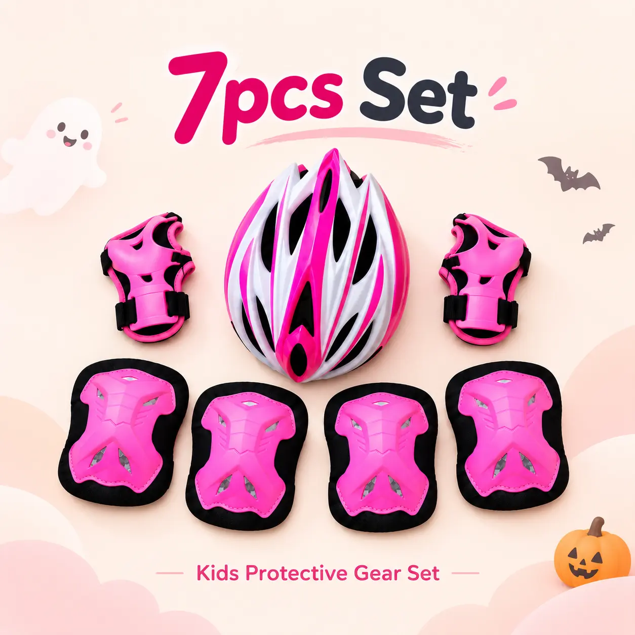 7PCS Kids Streamlined Protective Gear Set with Multi-Vent Helmet, Sculpted Knee Pads, Elbow Pads & Wrist Guards, Ages 5-10, 20.5-24.4 in