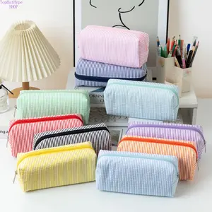 2026 New Large Capacity Seersucker Pencil Bag, Embroidered Striped Stationery Pouch for Students, Desktop Organizer & Travel Storage Bag, Portable Lightweight Zipper Bag Perfect for School, Office, Travel & Daily Essentials,summervibes