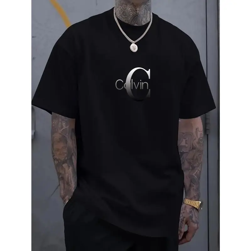 C Printed T-Shirt Crew Neck Short Sleeve Shirt Casual Four Seasons Knitted Fabric Stretchy Breathable Suitable for Adults Multi-Functional Design Cotton Menswear