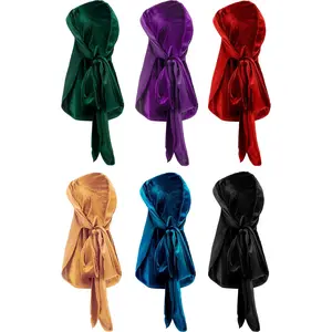 6 Pieces Velvet Durag for Men Stretchable Luxury Wave Cap with Long Tail and Wide Straps for Men Women(Green, Purple, Red, Gold, Blue, Dark)