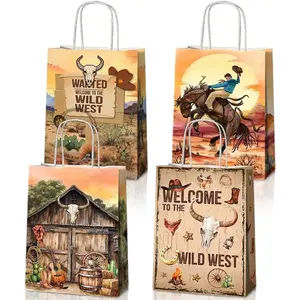 24 count Cowboy Party Favors Bags with Handles, Western  West Goodie  Candy  Paper Bags with 4 Different Types for Birthday Party Supplies  Shower Decorations