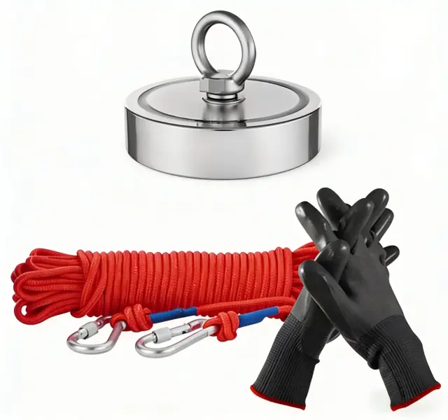 Double-Sided Permanent Neodymium Fishing Magnet Kit, 353 lbs (160KG) Strong Magnetic Pulling Force, 6mm x 20m (65ft) Rope & Anti-Slip Protective Gloves, Heavy Duty for River Recovery & Treasure Hunting