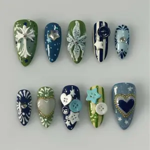 Green Blue Star Press On Nails | Heart Button Charm Design | Almond Shape Set