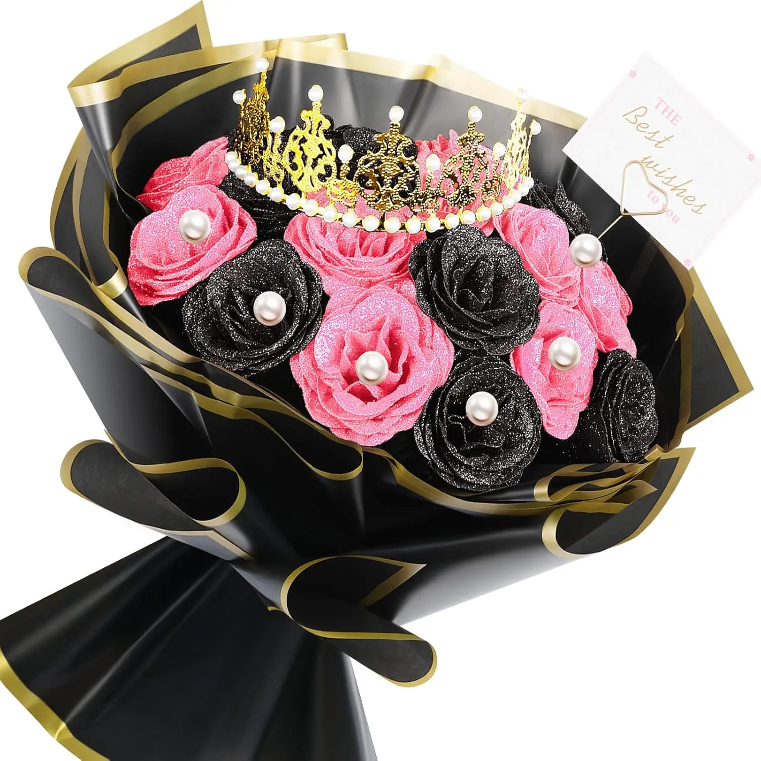 Glitter Roses Bouquet Artificial Roses  with Flower Wrapping Paper Crowns Cards for Birthday,Anniversary, Engagement,Wedding,The First Days of School