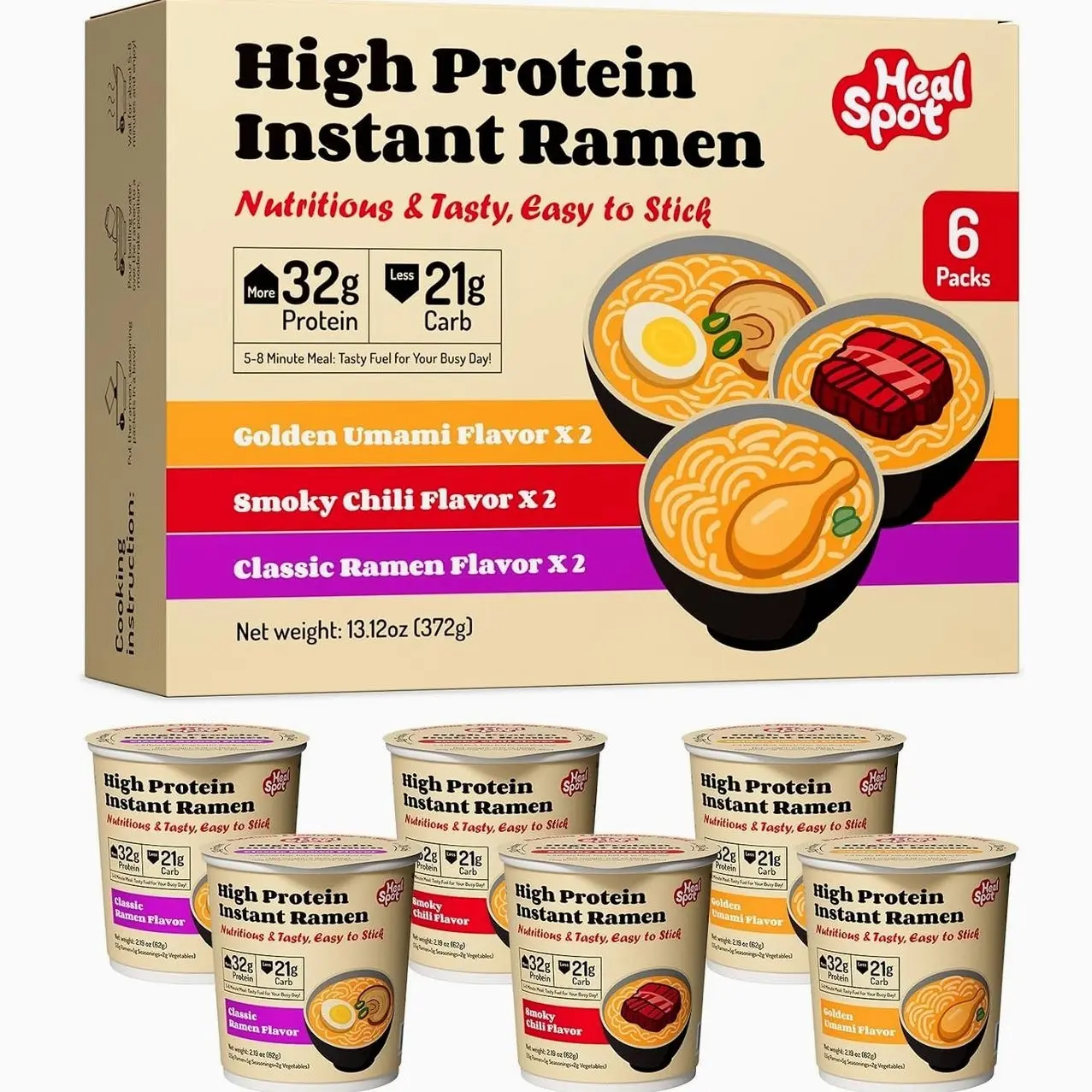 Healspot High Protein Instant Ramen Variety Pack , 6 Cups Non Fried Ramen Broth, 32g Plant Based Protein, Low Fat, Low Carb, Non GMO, Keto Friendly & Plant Based (Golden-Chicken,Smoky-Beef,Classic-Pork)