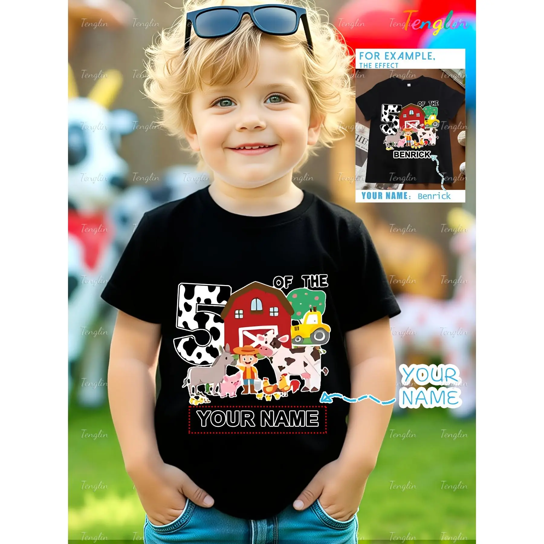 Personalized "Benrick" Name, Farm-Themed Animal Graphic Tee for Young Boys - Casual Crew Neck Short Sleeve T-Shirt, Perfect for Spring/Summer/Fall, Casual Style, Playful Design, Casual Wear Tee |   Playful Animal Print |   Comfortable Fit, Kids' Clothing