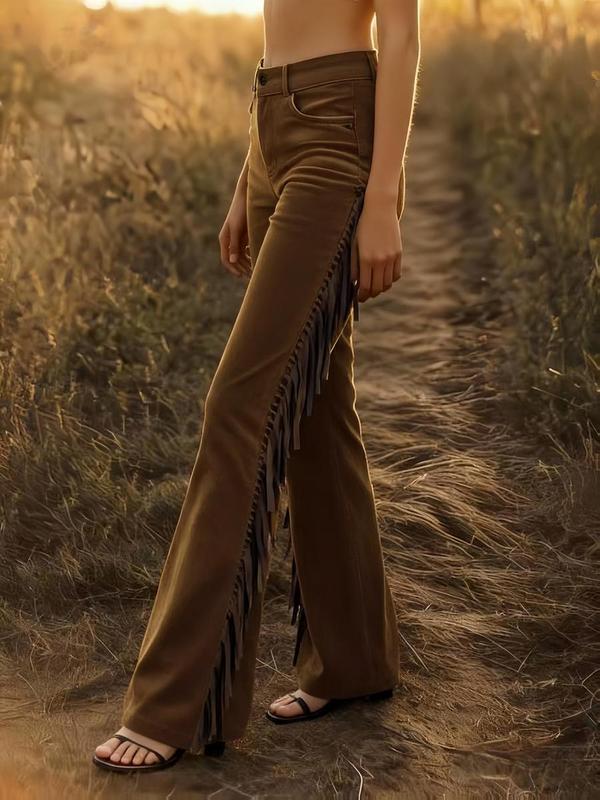 Women's Retro Western Faux Suede Bell-Bottom Pants, High Waist Fringe Flare Leggings, Casual Slim Fit, Music Festival