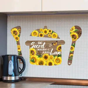 Charming Sunflower Kitchen Wall Decals - PVC Self-Adhesive Stickers for Home & Restaurant Decor, Perfect Gift Idea, British Kitchen Utensils, Pots And Spoons, Smooth Surfaces Decorative