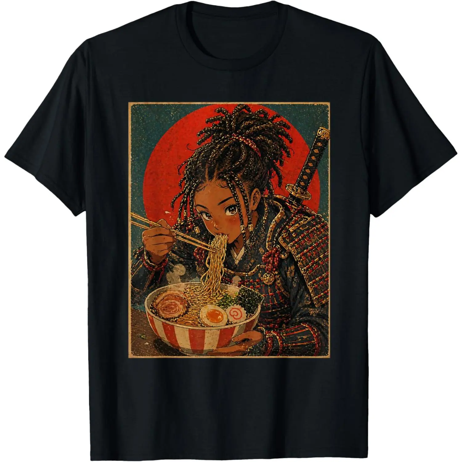 100%cotton Black Anime Girl Samurai Eating Ramen Japanese Art T-Shirt