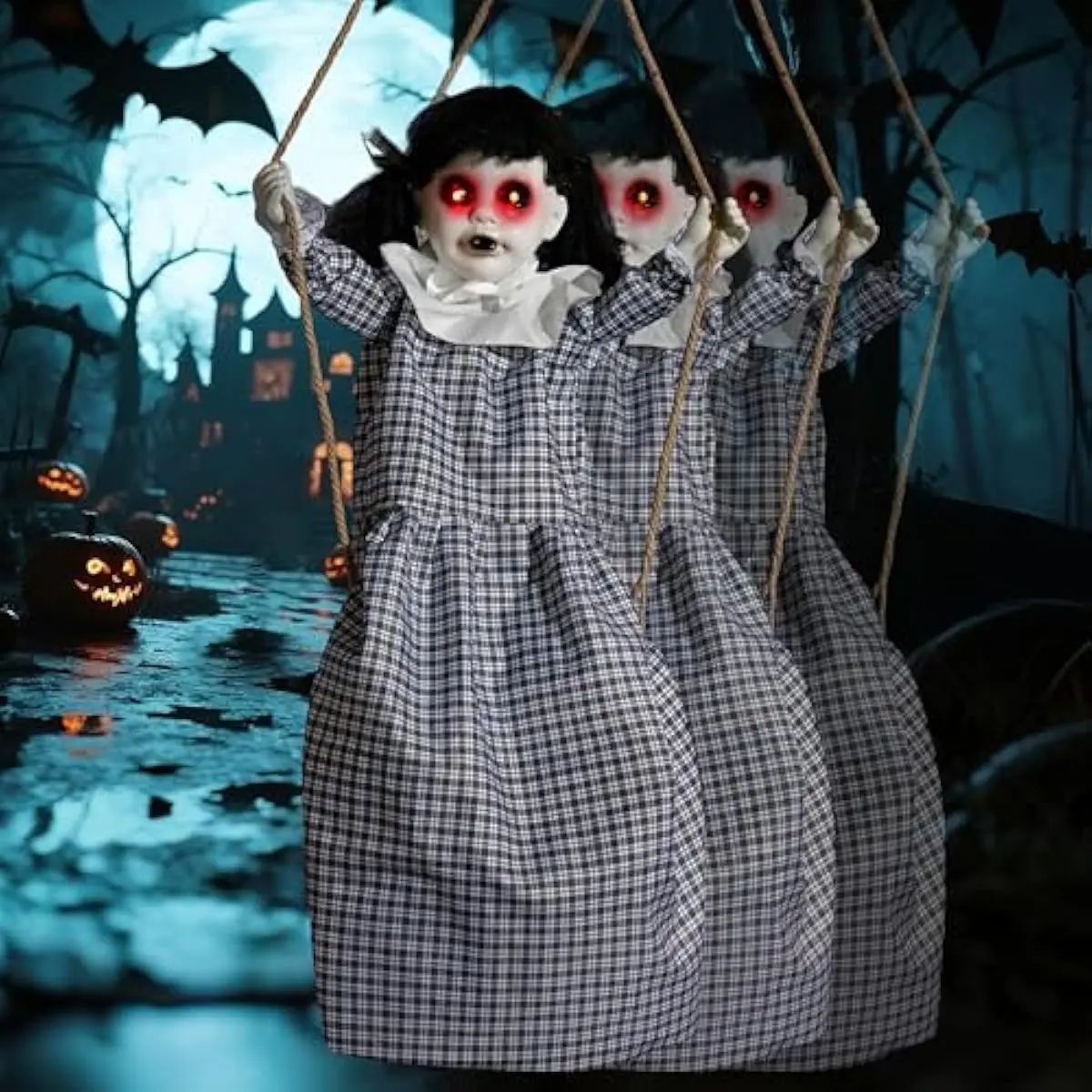 Outdoor Halloween Hanging Scary Swing Girl Decorations, Outdoor Swinging Doll with Creepy Sound and Light Up Eyes Sound, Animated Hanging Decors Activated for Garden Yard Lawn