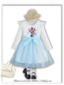Girls' Fall Winter Princess Dress, Exclusive Cartoon Design, Mesh Patchwork, Dreamy Eye-Catching, School Performance, Casual