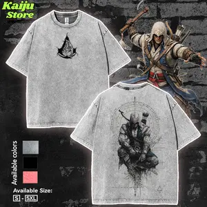 Assassin’s Creed III Lightweight Acid Washed Tee | Vintage Gaming Graphic T-Shirt for Men | Retro Streetwear Cotton Heavyweight Top | Perfect Gift for Gamers and Anime Fans