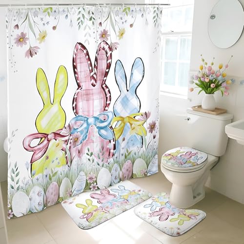 4/8Pcs Easter Bunny Bathroom Decor Set including 70x70in Waterproof Bunny Flower Shower Curtain with Hooks & Non Slip Bath Mat & U shaped Rug & Toilet Lid Cover for Spring Bathroom Makeover Home Supplies