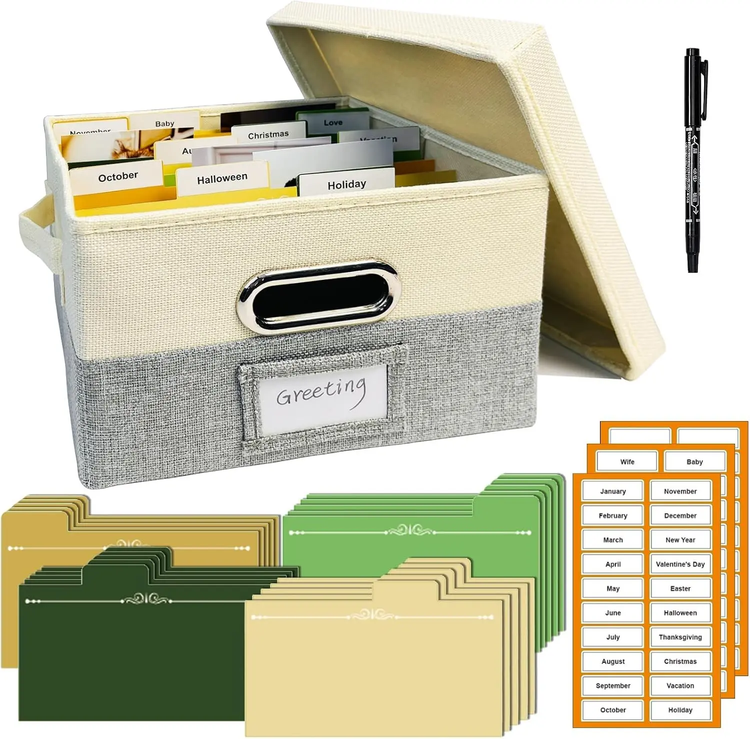 Greeting Card Organizer Box, Card Storage Box with 20 Removable Dividers & 84 Labels, Foldable Storage Box with Lids for Photos, Postcards, Graduation Card, Birthday Cards Holder, Sewing(Beige & Grey)