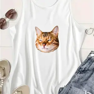 Women's Sassy Sarcastic Cat Print Tank Top - Funny Judging Cat Graphic, Sleeveless, Casual Fit, Beach-Ready Top,summervibes