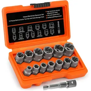 Bolt Extractor Kit,13+1 Piece Impact-Grade CR-MO Steel Nut Remover Set, 3/8" Drive Socket for Removing Frozen/Rusted/Rounded Bolts & Lug Nuts (Sizes 8-19mm),Automotive & Machinery Repair