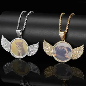 ORP Customized Memory Angel Wings Colorful Photo Pendant Necklace for Men Women, Exquisite Zircon Pendant Necklace Couple Family Memorial Day  Gift