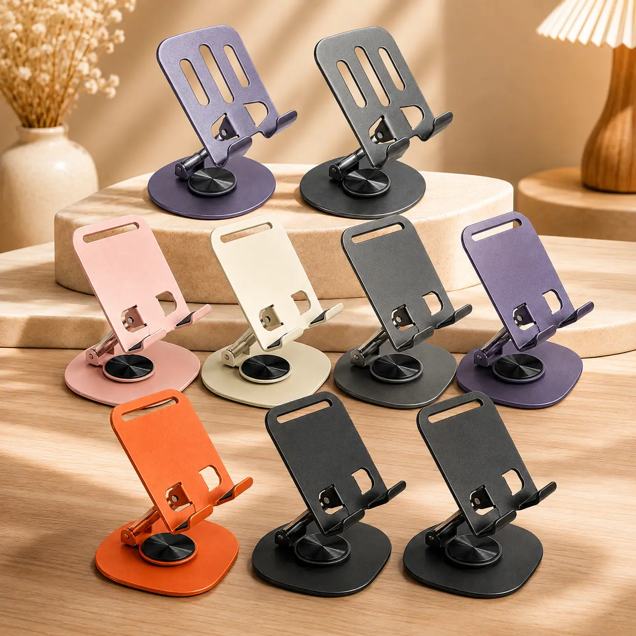 Metal Phone Stand for Desk, 360° Swivel Foldable Phone Holder, Adjustable Tablet & Phone Stand for iPhone iPad Smartphones, All-Metal Desktop Mount with Stable Base, Height & Angle Adjustable Stand for Work Study Streaming