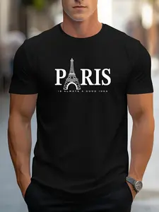 Men's Paris Eiffel Tower Graphic Tee - Casual Crew Neck, Short Sleeve T-Shirt with Stretch Fabric, Machine Washable - Summer Essential