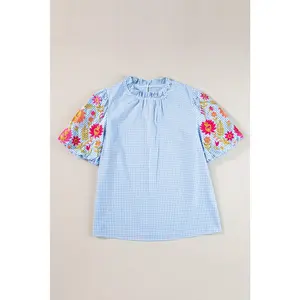 Light Blue Gingham Floral Embroidered Puff Sleeve Blouse