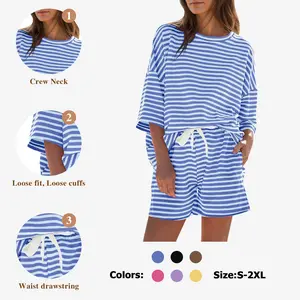 Fisoew Womens Striped Short Sets 2 Piece Outfits Sweatsuits 3/4 Sleeve Pajamas Casual Lounge Sets #TikTokShopHolidayHaul