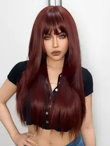 28 Inch Long Straight Wigs for Women, Gorgeous Fluffy Wigs with Blunt Bangs, Synthetic Full Machine Wigs for Party, Daily Use, Fashion Wig