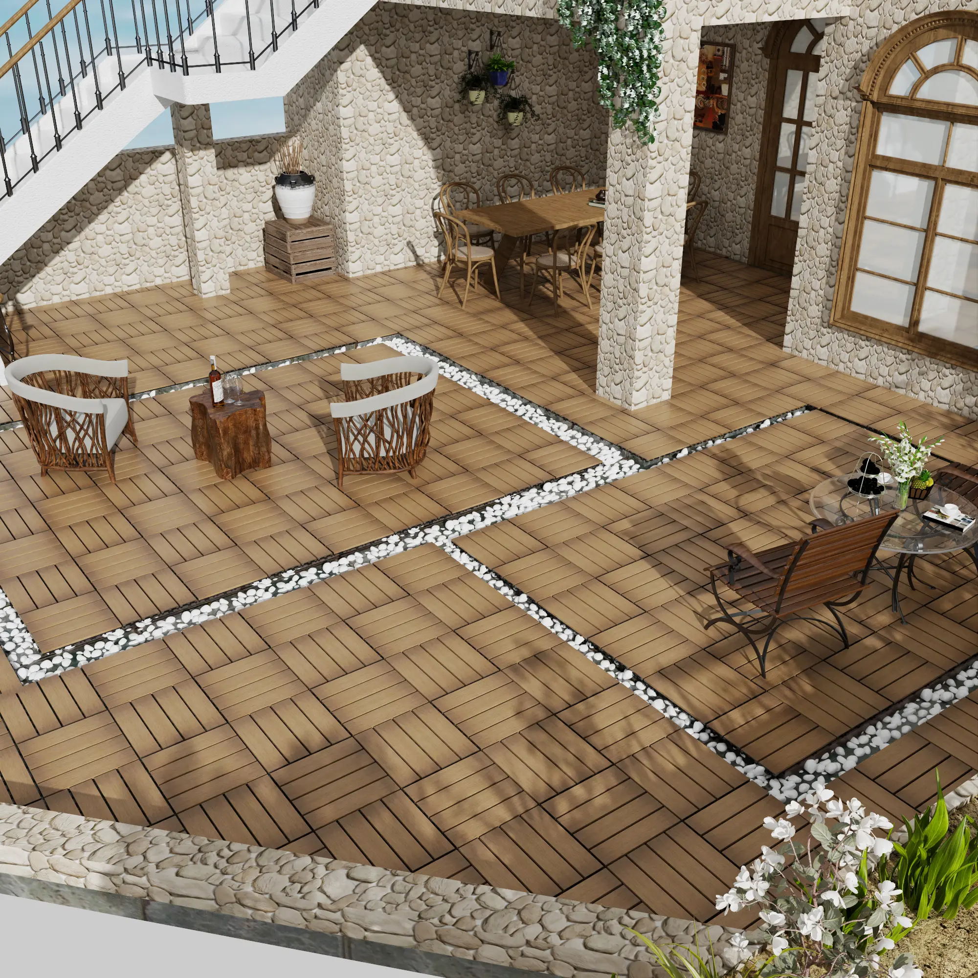 11-Pack 11.8in Oak WPC Interlocking Deck Tiles, Waterproof Anti-Slip DIY Quick-Install Flooring Tiles for Patio, Indoor Outdoor Use (Plastic Wood Interlocking Pieces Click-Parquet), Flooring Tiles Click-Parquet Faux Teak