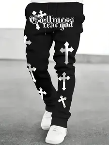Men's Dark Religion Cross Jogger Pants, Fusion of Religious Symbols and Dark Aesthetic, Casual Fitted Style, All Seasons Wear