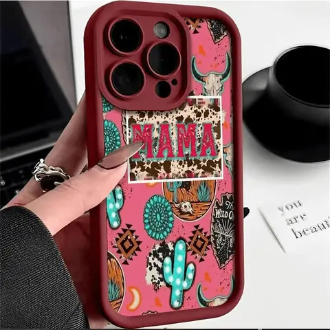 Protective Shockproof Pink Western "MAMA" Cowgirl Smartphone Case for iPhone 17 Pro Max,16,16e,15,14 Plus,13,12 Mini,11,Air,X,XS - High-Grade Silicone Soft TPU, 2D Pattern, Camera Protection, Soft-Touch, Comfy Hold, Anti-Yellowing Adult Mobile Accessories