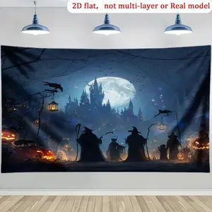 1pc 2D Flat Extra Large Halloween Castle Moon Witch Scene Backdrop, HD Printing, Electricity-Required, Easy Hanging Textile Decor for Indoor/Outdoor Home Photography