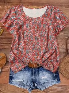 Elegant Casual Ditsy Floral Print Blouse for Women, Loose-Fitting Round Neck Short Sleeve Shirt, New Arrival Fashion Top, Lady