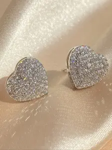 A Pair of Two-Tone Micro Paved Full Diamond Heart Earrings - Gold and White Color Shiny Diamond Heart Earrings, Suitable for Daily Wear, Gift-Giving and Versatile Styles, Ear Studs