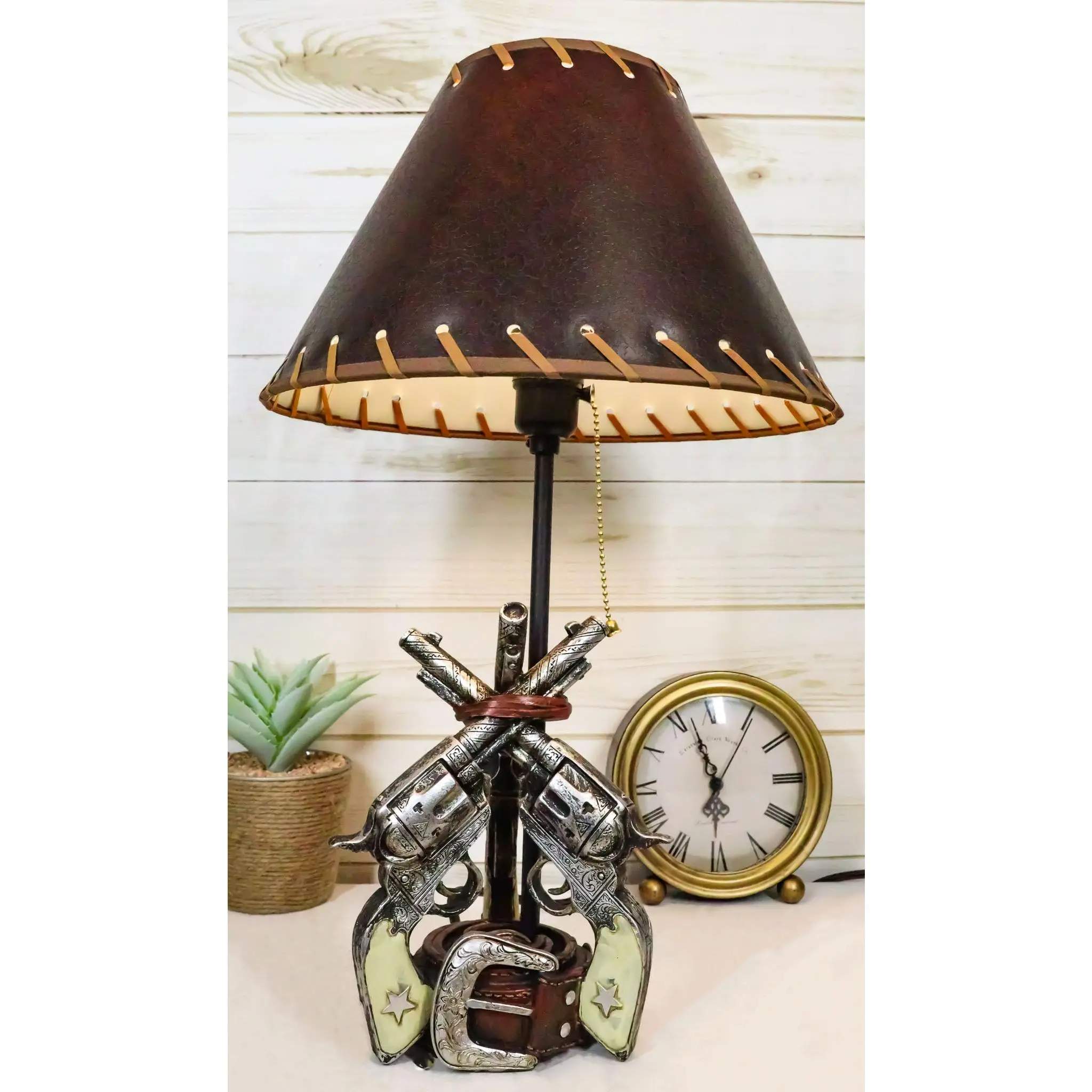 Rustic Western Triple Six Shooter Revolver Gun Pistols Cowboy Buckle Table Lamp
