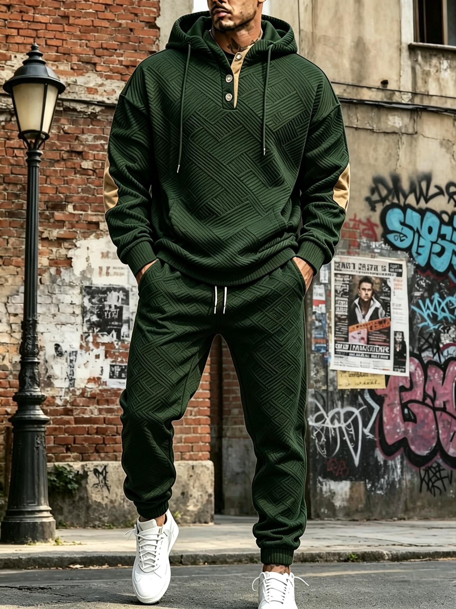 Men's 2-Piece Autumn Hooded Sportswear Set - Geometric-Patterned Hoodie, Drawstring Joggers, Casual Street-Style Menswear Outfit