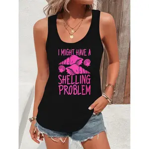 Women's Shell-Themed Sleeveless Vest "I MIGHT HAVE A SHELLING PROBLEM" Shell Print Top - Summer Beachwear for Shell Collectors Gift, Casual Crew Neck Blouse-shell- Suitable for Shell Hobbyists