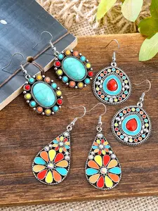 3 pairs Boho Style Handmade Vintage Turquoise Earrings, Silver Color Dangle Earrings with Colorful Gems, Geometric Flower Carving, Round Fringe Design