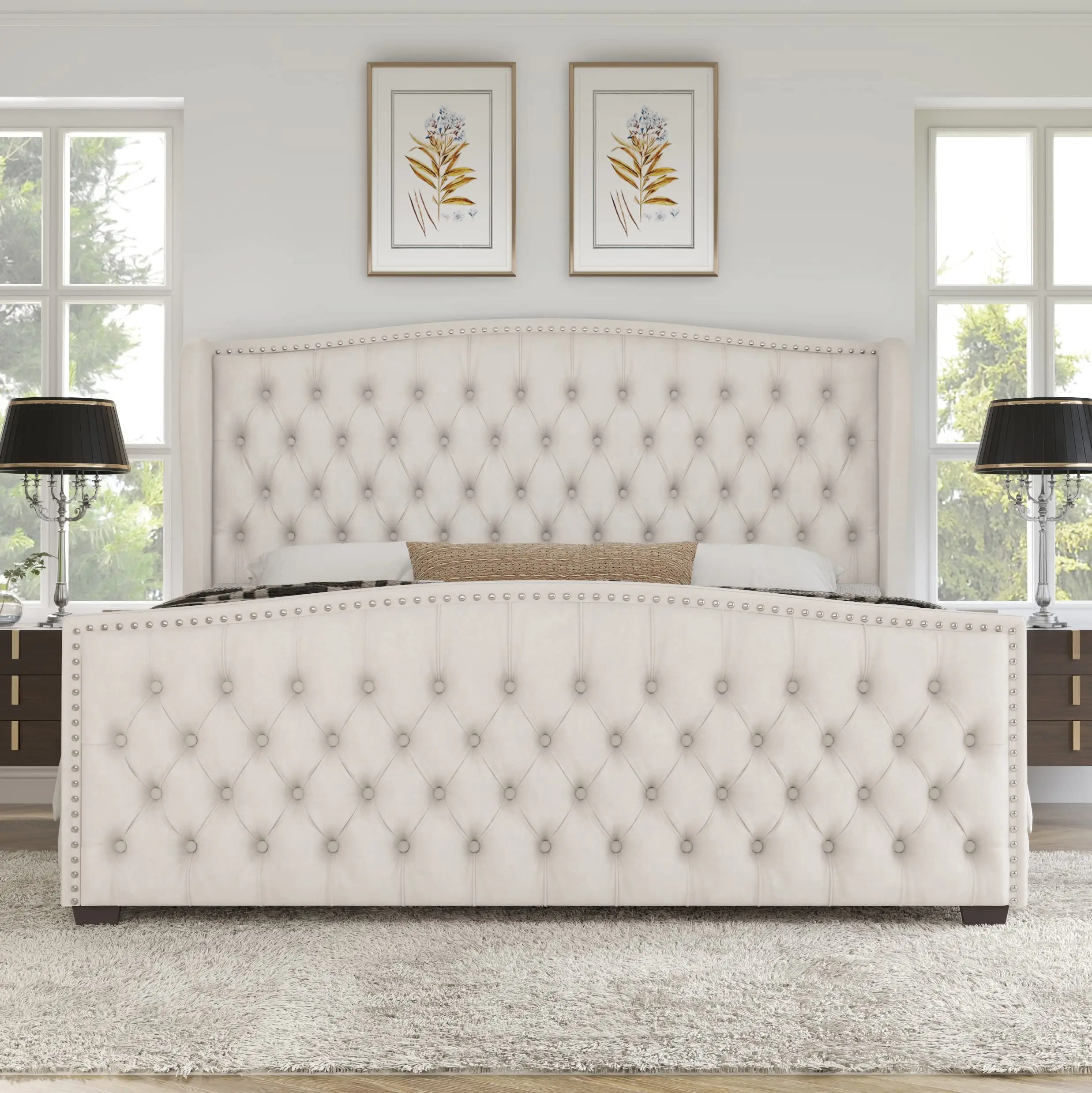[Restock Sale] AMERLIFE Platform Bed Frame,Velvet Upholstered Bed with Deep Button Tufted & Nailhead Trim Wingback Headboard/Hardwood Slats Design/Dur