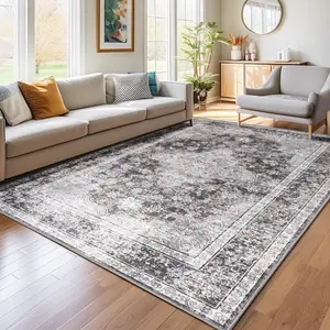 Large Washable Area Rug, Boho Vintage Faux Wool Non-Slip Low Pile Rug For Living Room, Bedroom, Kids Room, Or Home Office, Soft Non-Shedding Indoor Carpet, Grey, Orange, Beige, Dark Grey, 4x6, 5x7, 6x9, 8x10, 9x12 Feet