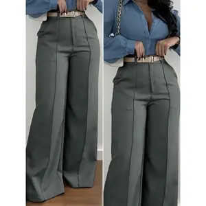 Elegant women’s plus-size straight-leg pants, all-season solid color casual workwear, slim fit no belt design