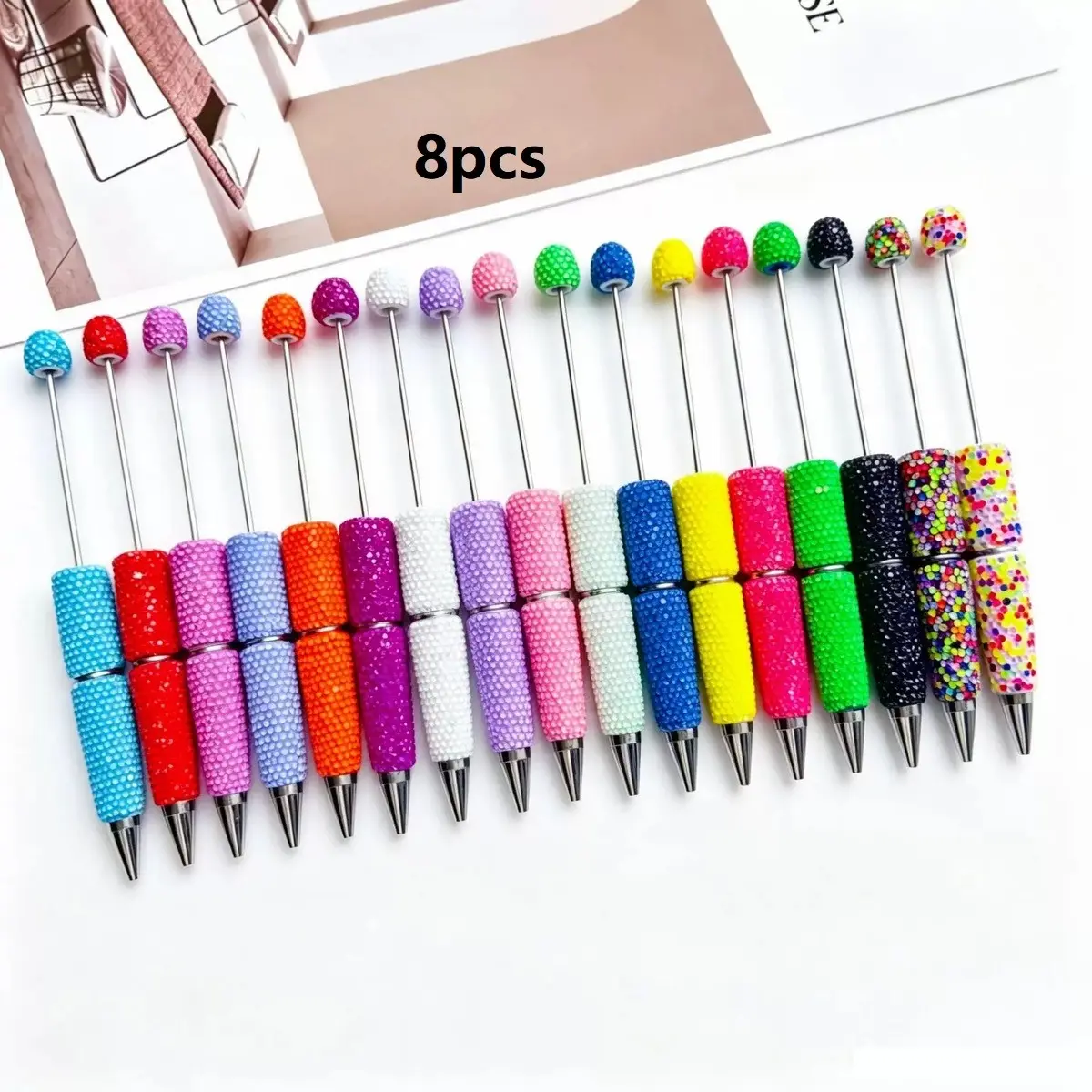 8-Pack Random Candy Rhinestone Beaded Pens, Rotating Barrel Ink Ballpoint Pens, Creative DIY High-Aesthetic Back-To-School Gifts, School Supplies, Elegant Design, Fashion Stationery, Novelty Pens, Glitter Ballpoint Pen, Elegant Student Pen, Writing Pens