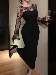 Elegant Lace Overlay Long Dress, Flare Sleeve, Mermaid Hem, Women's Vacation, Spring & Fall Formal Party Gown, Chic, Womenswear, Elegance, Lady