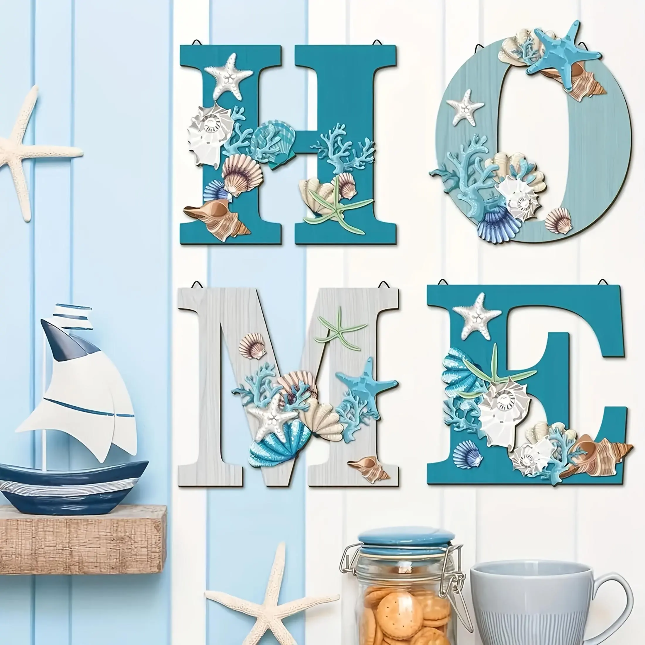 Wooden Wall Art, Unframed Wall Art, 4 Counts/set Starfish & Shell Design Wall Decor, Wall Hanging Decor for Home Living Room Bedroom, Poster