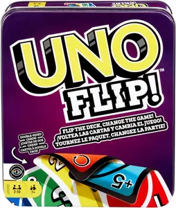 Mattel Games UNO Flip! Card Game for Kids Adults & Family Night with Double-Sided Cards in Collectible Storage Tin USA Edition
