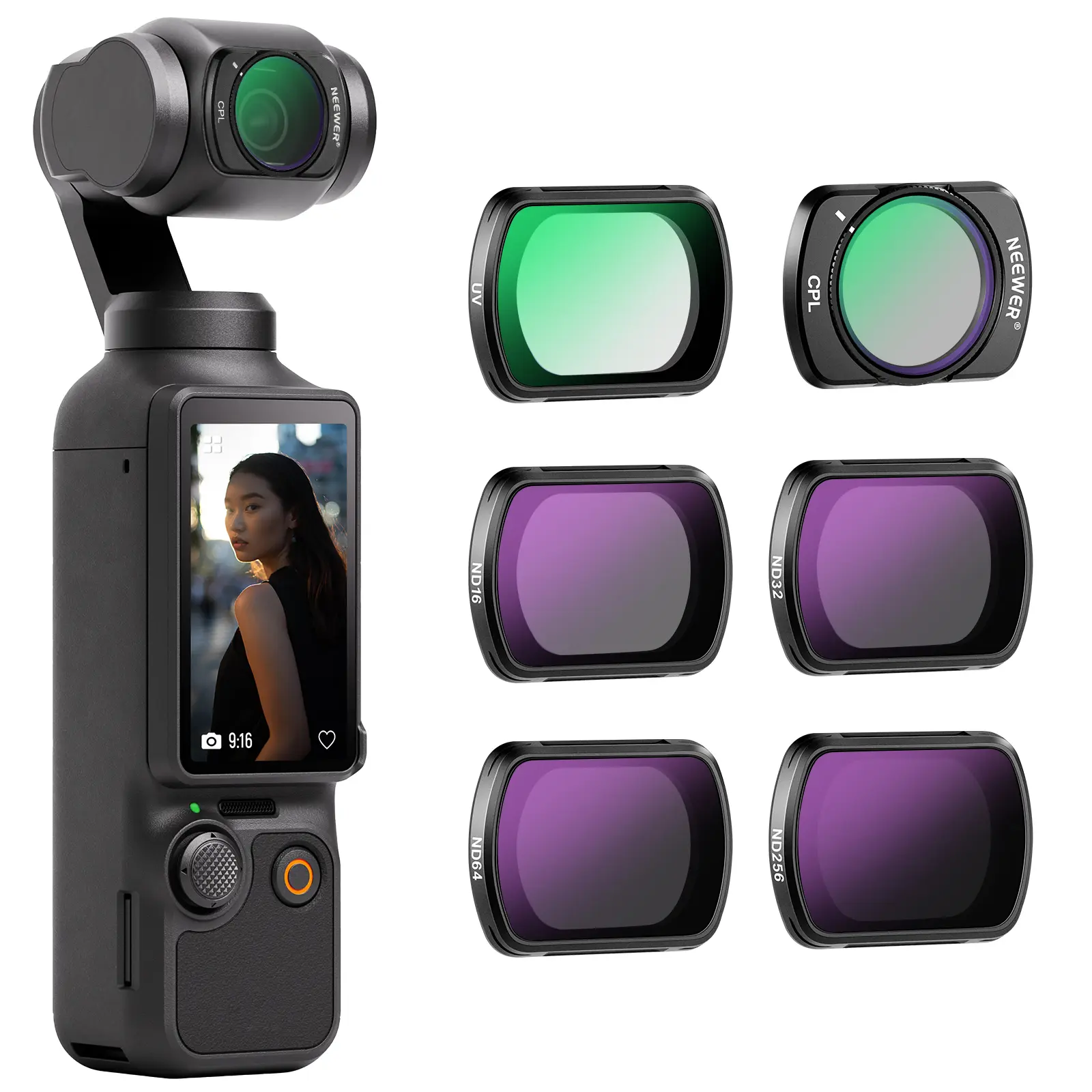 NEEWER 6 Pack ND CPL UV Filter Set Compatible with DJI Osmo Pocket 3 / Pocket 4 / Xtra Muse, Magnetic Action Camera UV ND16 ND32 ND64 ND256 Protective Neutral Density Polarizing Filter Accessories, FL-P6
